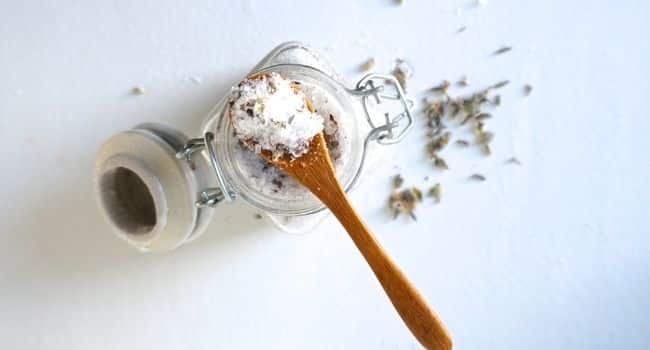 Top view of DIY Bath Salts with lavender