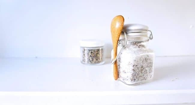 Jar filled with homemade lavender bath salts recipe
