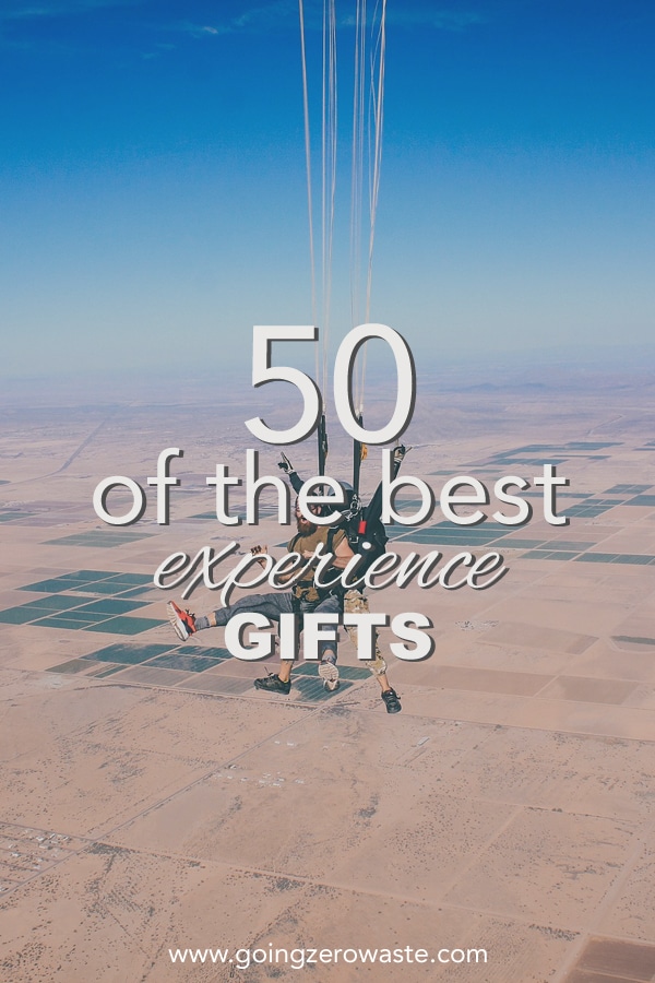 2 people skydiving with overlay text reading "50 of the best experience gifts" 