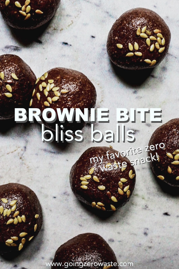 brownie bites ready to serve with overlay text reading "brownie bites bliss balls: my favorite zero waste snack!" 