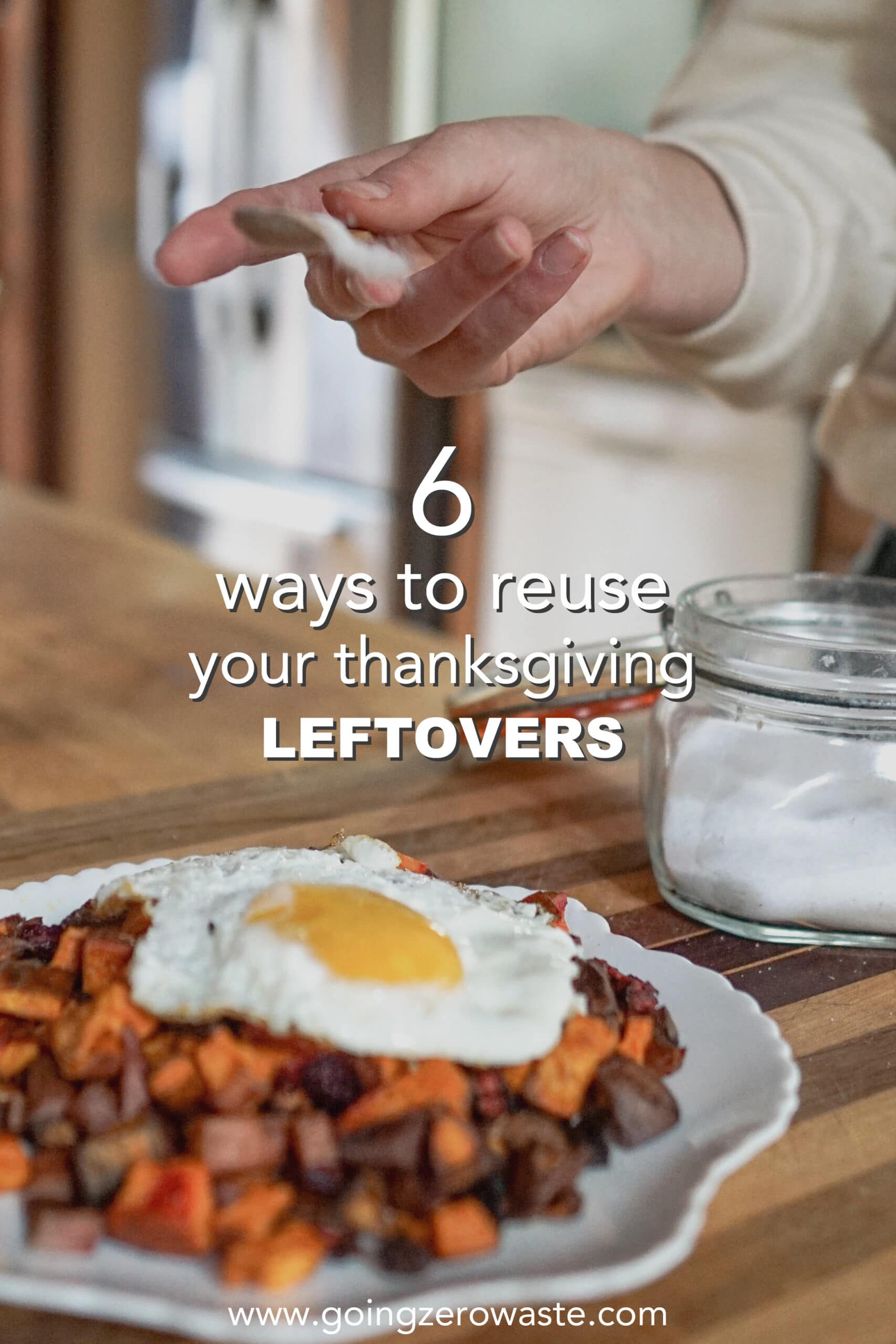 Thanksgiving Leftover Recipes -  a photo of a plate of food with overlay text reading "6 ways to reuse your Thanksgiving leftovers" 