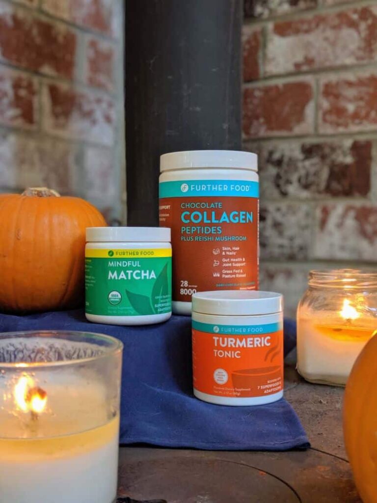 image of three Further Food products: Mindful Matcha, Chocolate Collagen Peptides, and Turmeric Tonic