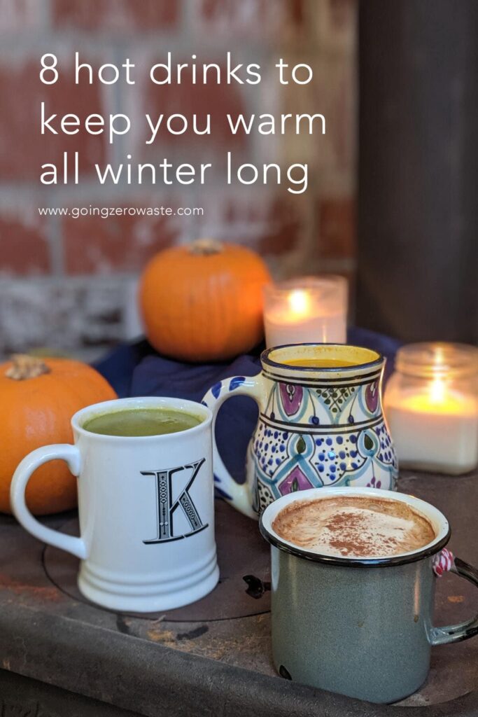 image of three mugs filled with warm beverages, titled (and shown): 8 hot drinks to keep you warm all winter long