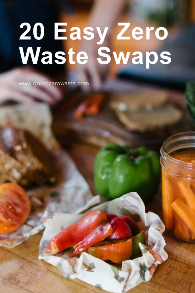 image of colorful vegetables, titled (and shown): 20 Easy Zero Waste Swaps