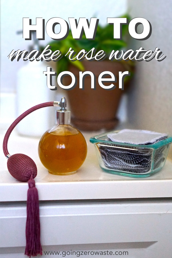 A bottle of rose water toner and homemade facial pads with overlay text reading "how to make rose water toner" 