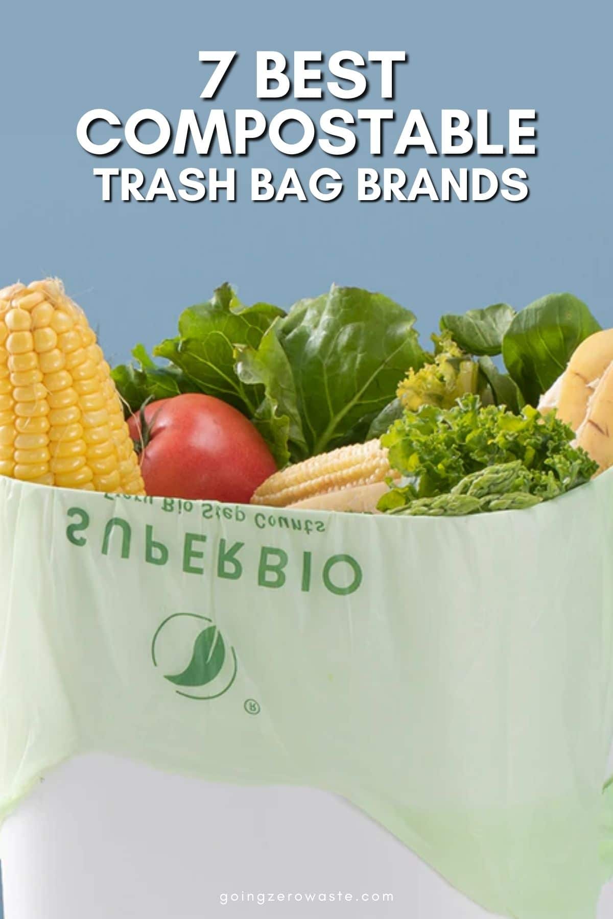 Photo of produce in compost bag with overlay text reading "7 Best Compostable Trash Bag Brands" 