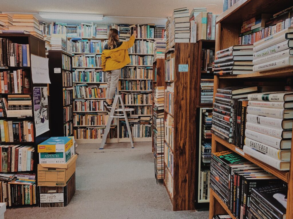image of bookshelves at a secondhand store