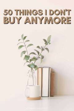 My Minimalism Lifestyle: 50 Things I Don't Buy Anymore image of a plant, books, and mug in front of a light colored wall, titled (and shown): 50 Things I Don't Buy Anymore