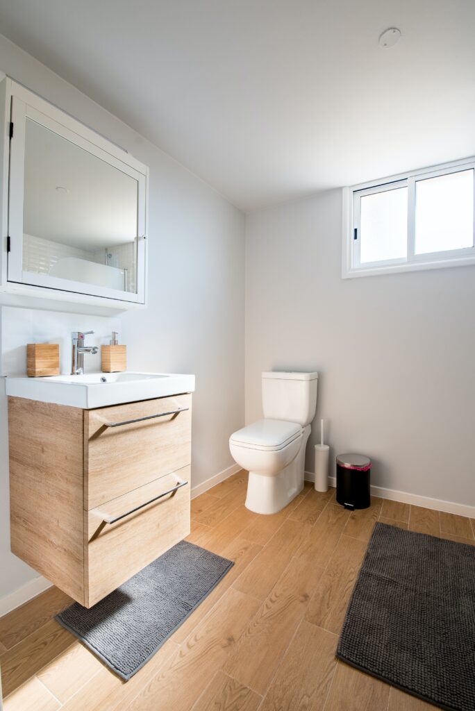 image of a modern bathroom with a toilet cleaning brush next to the toilet