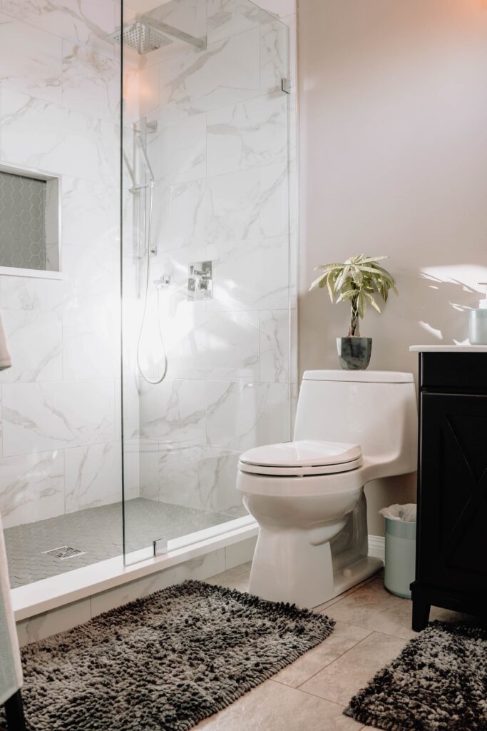 image of a modern bathroom shower, rugs, and toilet