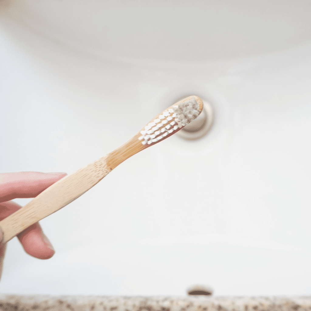 Close up of a toothbrush with powder toothpaste on the tip