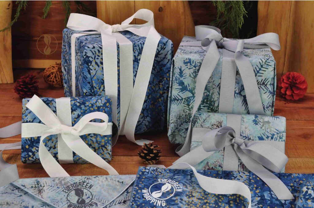 Gifts wrapped in reusable wrapping for eco friendly gifts.