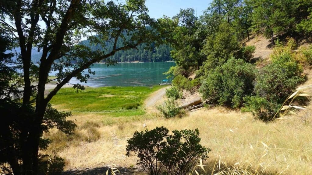 the few of a lake on an eco camping trip. 