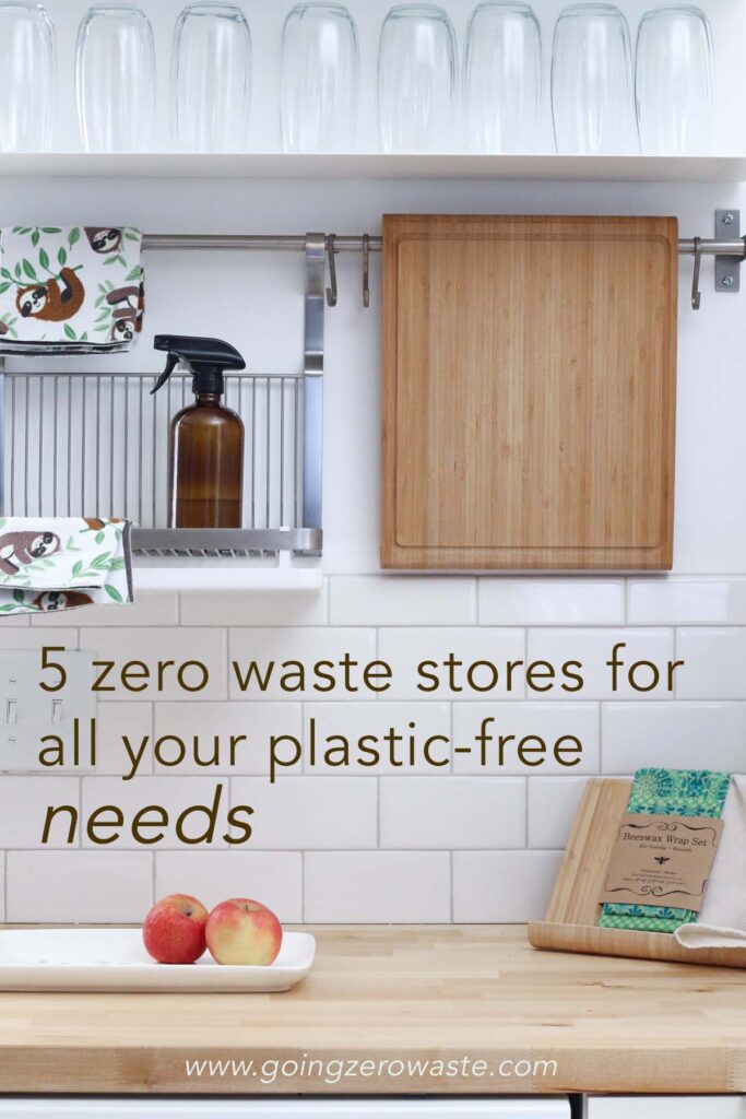 Image of a kitchen counter with organization and overlay text reading "5 zero waste stores for all your plastic-free needs" in a post about sustainable shopping. 