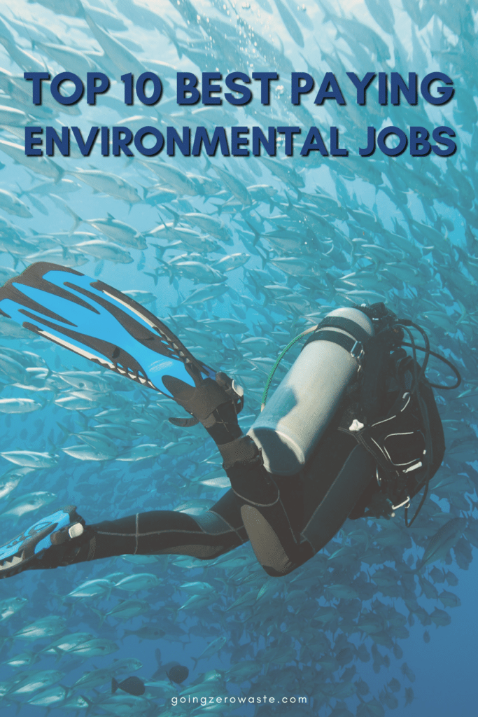 A scuba diver swimming into a sea of fish with overlay text reading "Top 10 Best paying Environmental Jobs" in a post about environmental science jobs. 