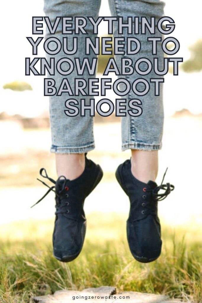 Photo of a woman's feet as she jumps wearing a pair of Wildling Shoes, with overlay text reading "Everything You Need to Know About Barefoot Shoes" 