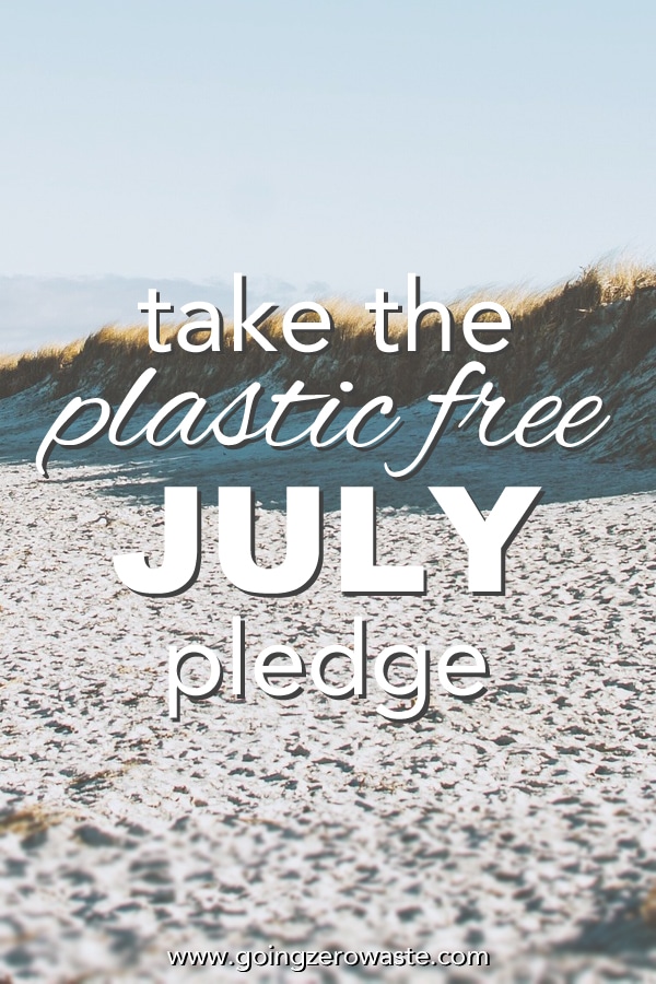 A plastic free beach with overlay text reading "take the plastic free July pledge" 